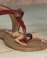 lying_down foot_worship sandals shorts shrunken_man digital_render leather_braid