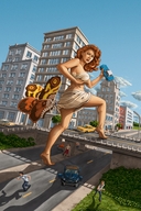 breasts drawing giantess city mega color butt bridge destruction crossover handheld barefoot rampage skirt buildings angry brunette foot_crush walking highway vehicles looking_back top running_away attack_of_the_50_foot_woman nancy_archer mothra makeshift_clothing bare_midriff