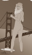 breasts drawing giantess nude city blonde monochrome butt bridge destruction water source_needed yacht golden_gate