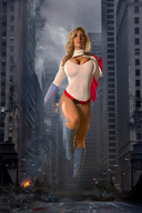 breasts giantess mega blonde large_breasts long_hair destruction cleavage boots running cruel athletic costume cape belt leotard power_girl dc_comics captain_rand alyssa_loughran