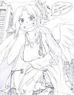 drawing giantess blushing wings city monochrome destruction anime smiling story crawling navel belly looking_down open_mouth thighs thigh_highs hank88 running_away imminent_vore looking_at_tiny jibril
