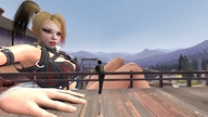 gentle giantess smiling harley_quinn sitting looking_down open_mouth thighs sideboob looking_at_tiny digital_render shrunkenlover