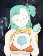 drawing giantess earth space color swimsuit blue_eyes planet cleavage dbz green_hair bulma looking_at_tiny cosmic_giantess joeraiden between_breasts