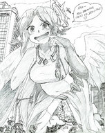 drawing giantess blushing wings city monochrome destruction anime smiling story crawling navel belly looking_down open_mouth thighs thigh_highs hank88 running_away imminent_vore looking_at_tiny jibril