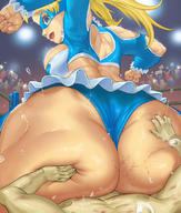 drawing blonde color large_breasts long_hair butt blue_eyes butt_crush pogojo sweat sitting amazon onlookers costume looking_back crowds wrestling_ring rainbow_mika r.mika