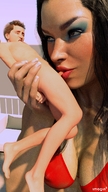 breasts nipples gentle giantess aroused black_hair long_hair swimsuit penis handheld barefoot cleavage sucking oral_sex makeup digital_render