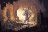 drawing giantess white_hair horns tail city color destruction yilx demoness looming looking_down laughing standing cavern purple_skin
