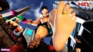 giantess wings city barefoot cleavage green_hair morrigan_aensland looking_down giantesses toe_ring point_of_view raised_foot sandvich imminent_crush looking_at_tiny digital_render gensamus