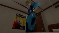 samus_aran smiling sitting hand shrunken_man looking_up poster looking_back imminent_butt_crush body_suit little_mac