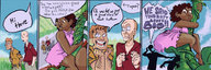 drawing giantess comic aroused color butt clothed barefoot climbing angry brunette brown_eyes dress looking_down onlookers dialogue beanstalk claw7705 bare_legs bald