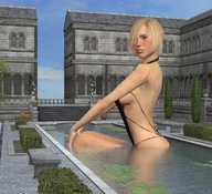 giantess blonde swimsuit sitting pool mansion digital_render shrubs benches lillypads