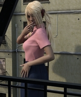 giantess blonde long_hair clothed skirt buildings standing shirt looking_back alley digital_render