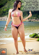 collage swimsuit beach handheld cleavage domination story legs shrunken_man sand squeezemeflat looking_at_tiny