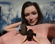 gentle giantess city long_hair blue_eyes clothed handheld buildings brunette sitting palm shorts pants shirt digital_render vest