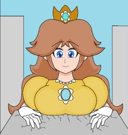 drawing giantess color large_breasts destruction blue_eyes buildings breast_crush brunette gloves crown princess_daisy nightcore100