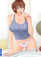 drawing gentle panties color large_breasts cleavage glasses brunette sitting shrunken_man bathroom sink top brushing_teeth