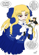 drawing blushing blonde color large_breasts handheld red_eyes dress shrunken_man undressing commission boner looking_at_tiny verrukaiser luviagelita_edelfelt fate/hollow_ataraxia oxdarock fate_(series)
