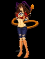 drawing horns tail wings color barefoot cleavage red_eyes blue_hair brunette shrunken_woman transparent_background migs308 ifrit9 between_breasts