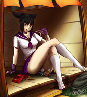 drawing crush panties color butt cleavage butt_crush pocky gloves sitting street_fighter shrunken_woman underneath chun-li juri thigh_highs juri_han stocking_feet nose_bleed edlouiearts porch