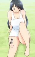 drawing gentle black_hair color long_hair barefoot cleavage sitting legs shorts shrunken_man crotch top no_background miton