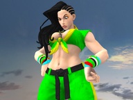 giga large_breasts long_hair cleavage street_fighter navel looking_down clouds sky aircraft hands_on_hips digital_render corn_rows upset laura