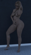 breasts nipples nude pussy blonde long_hair barefoot navel foot_crush shrunken_man looking_down standing carpet digital_render amgipi