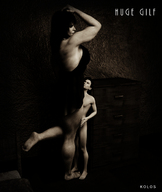 gentle black_hair long_hair barefoot muscles amazon shrunken_man naked_man looking_up mini_skirt dresser digital_render kolos