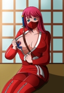 breasts nipples gentle panties upskirt long_hair blue_eyes cleavage red_hair boots sitting shrunken_man mask ninja suckling katana admontanheiro between_breasts