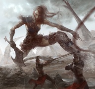 breasts drawing giantess mega color long_hair armor clothed sword fantasy skirt brunette kneeling fighting looking_down painting tattoo warriors war_axe