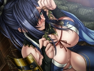 drawing nipples panties black_hair color large_breasts long_hair armor handheld cleavage glasses anime green_eyes gloves dress shrunken_man ripped_clothing casks