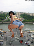 giantess collage city black_hair long_hair butt destruction high_heels blood smiling foot_crush short_shorts running pinned crouching looking_back vehicle_crush abella_anderson giantess_lover45