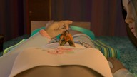gentle clothed handheld cleavage lying_down kneeling sandals shorts shrunken_man looking_down women bedroom shirt chest digital_render littletoy