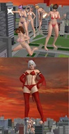 giantess white_hair vore horns tail wings city mega blonde swimsuit destruction purple_hair brunette multiple_sizes pink_hair foot_crush demoness looking_down sunglasses giantesses between_fingers digital_render roodedude between_breasts