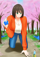 drawing giantess color cleavage green_eyes brunette オレンジ orenji