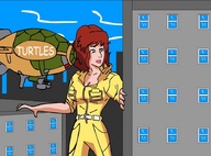breasts drawing giantess city mega color red_hair new_york_city belt jumpsuit teenage_mutant_ninja_turtles reporter zeppelin airship inchhighlilliputian