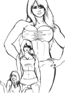 drawing growth giantess panties blonde monochrome long_hair cleavage mini_giantess sketch tanktop ripped_clothing