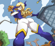 drawing giantess color butt buildings yellow_eyes smiling camel_toe yellow_hair towering point_of_view looking_back body_suit peace_sign my_hero_academia fbende mt._lady