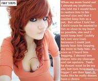 collage cleavage story red_hair shrunken_man foot_steps looking_at_viewer between_breasts
