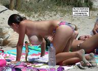breasts nipples gentle collage long_hair swimsuit barefoot brunette crawling shrunken_man naked_man sand women sunbathing massaging water_bottle towels