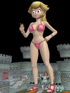 giantess panties blonde blue_eyes handheld cleavage bra princess_peach castle lingerie bowser bracelet looking_at_tiny digital_render mario_kart roodedude