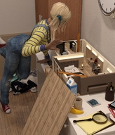 gentle blonde long_hair clothed shoes dollhouse shrunken_man looking_down overalls ponytails banana desk sweater mug digital_render rulers milk_carton