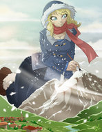 drawing gentle mega blonde color blue_eyes cleavage smiling sitting painting mountains snowing snow_boots scarf angelgts fur_hoodie