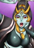 drawing micro color tongue cleavage midna open_mouth dangle between_fingers commission orange_hair imminent_vore etz looking_at_tiny twilight_princess the_legend_of_zelda kenan_von_kaiser twili_midna