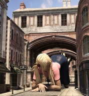 gentle giantess city blonde long_hair clothed skirt high_heels buildings crawling ponytails shirt looking_at_tiny digital_render