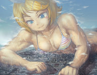 drawing giantess giga city blonde color swimsuit destruction blue_eyes sweat smiling yilx lying_down looking_down smoke