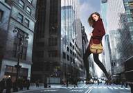 giantess collage city high_heels buildings brunette leggings walking medium_length_hair people vehicles purse lip_stick red_shirt city_street