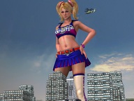 mega blonde buildings helicopter stockings navel pigtails hand short_skirt cheerleader_outfit belt digital_render juliet_starling giantlightningfan smirking