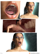 vore long_hair tongue teeth glasses brunette ponytail shorts shrunken_man open_mouth closed_eyes earrings winking digital_render eatmei