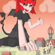 drawing giantess crush horns tail color destruction handheld red_eyes red_hair town fangs wizard imp warriors cutelittlenightmare