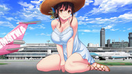 drawing giantess color large_breasts clothed cleavage anime smiling dress sitting sandals airport hat looking_at_viewer terminal passenger_plane